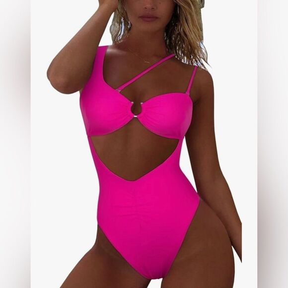 Vibrant Hot Pink Cutout Swimsuit Sexy One Shoulder One Piece Bathing Suit New - Picture 2 of 8